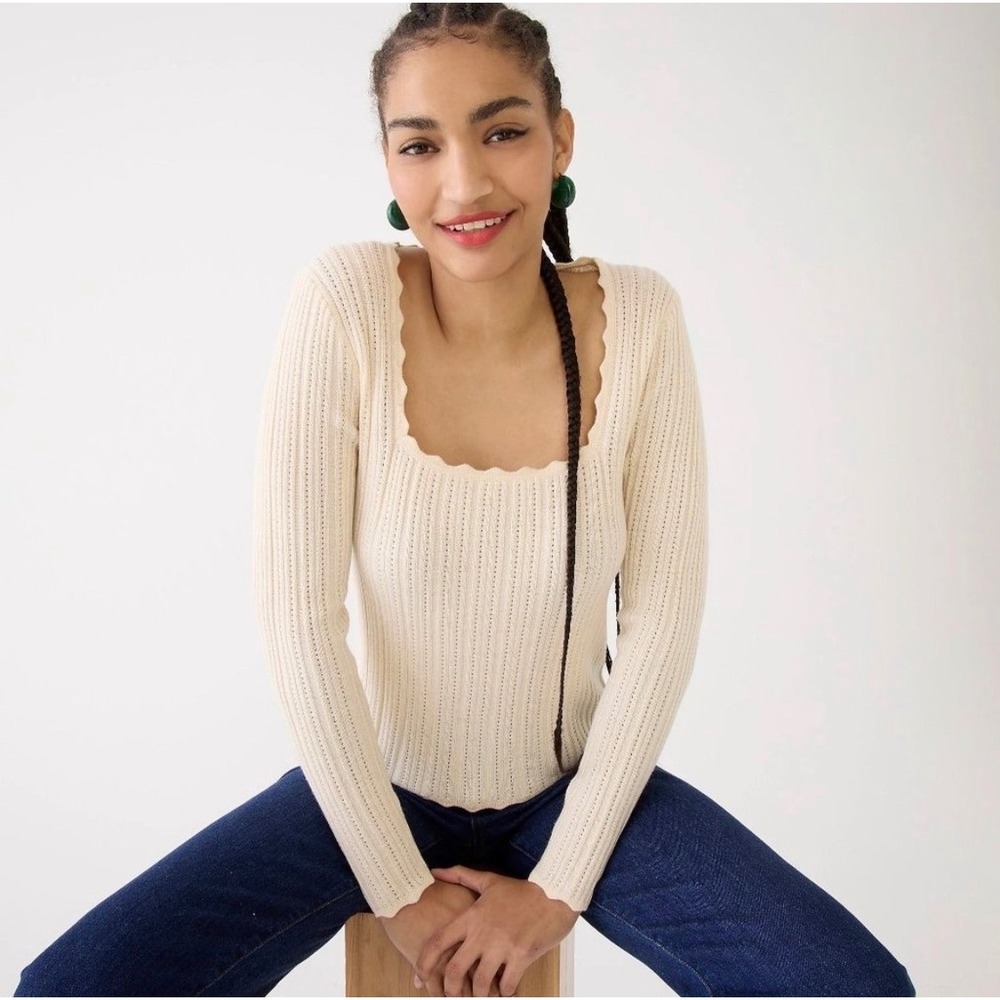 J.Crew Merino Wool Sweater Womens Medium Cream Scalloped Square Neck Pointelle
